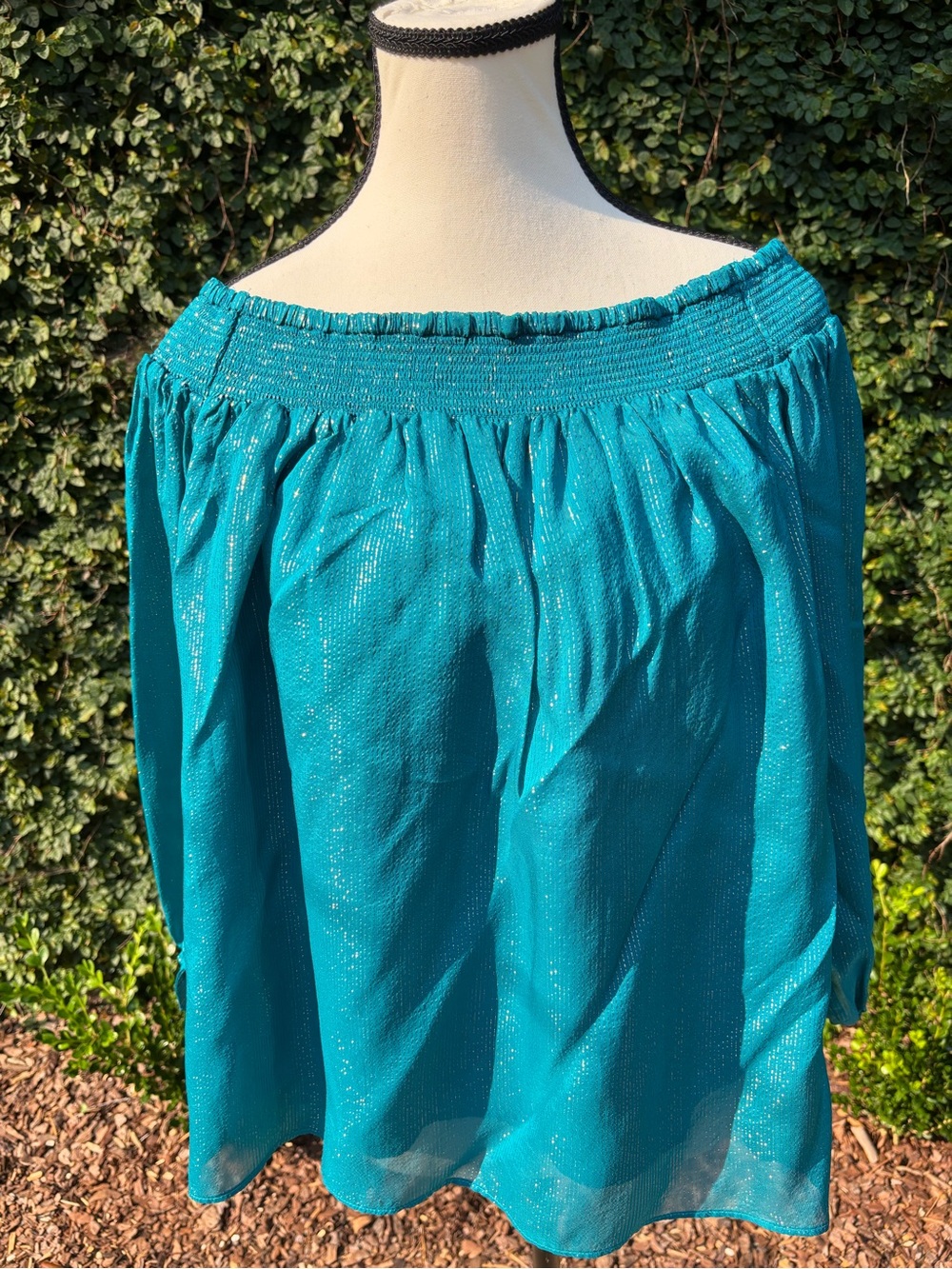 Lilly Pulitzer Teal Off-Shoulder Gold Turquoise Shimmer Blouse Large